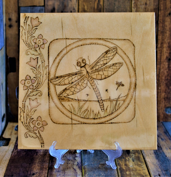 Floral Dragonfly Design - Hand-crafted Woodburning (Pyrography) on Birch or Basswood